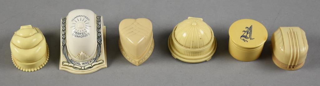 c1930-1950 Celluloid Ring Boxes: All of these ring boxes are vintage from the 1930s to 1950s. Two are branded with one being Bridal Wreath Diamonds with all the cool guarantees on the bottom and one is Macy Jewelry Co. - not affiliat