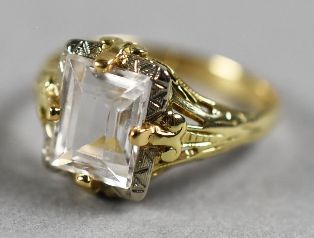 14K Yellow & White Gold & White Sapphire Ring: 2Gorgeous vintage ring in 14K yellow gold. Square cut white sapphire (8m x 6m) set in white gold in an Art Deco style. Stamped inside band 14K with no other visible marks. Size is an approx. 5.5, appr