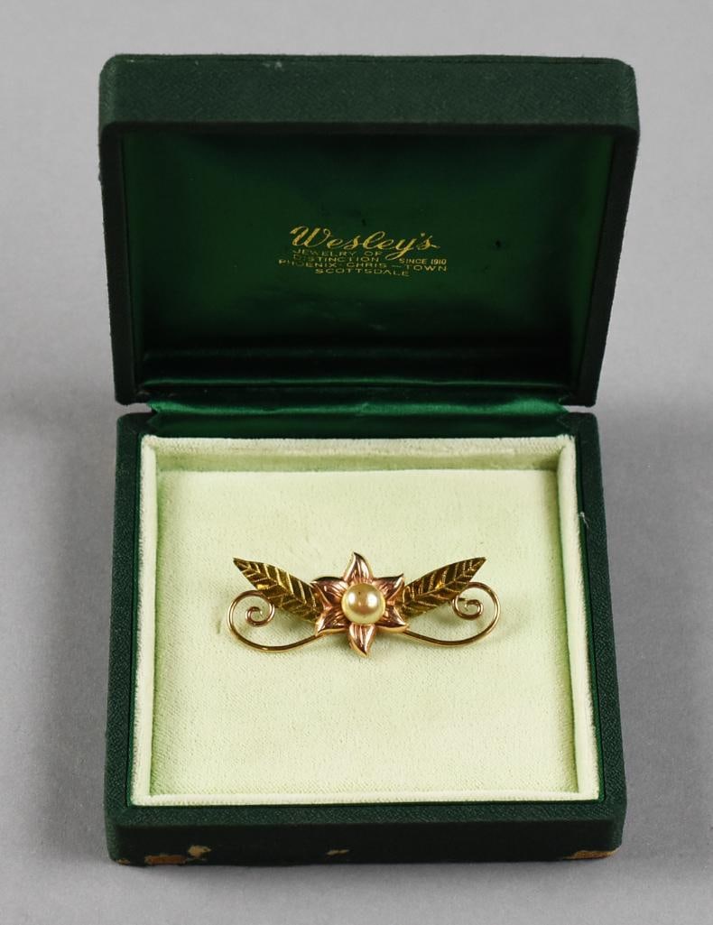 c1950 Hobson 10K Yellow & Rose Gold, Pearl Brooch: Very pretty vintage brooch from Hobson Co. It is a c1950 10K yellow and rose gold flower, leaf and scroll with a nice pearl center. It comes in the original presentation box from Wesley's in Scottsdal
