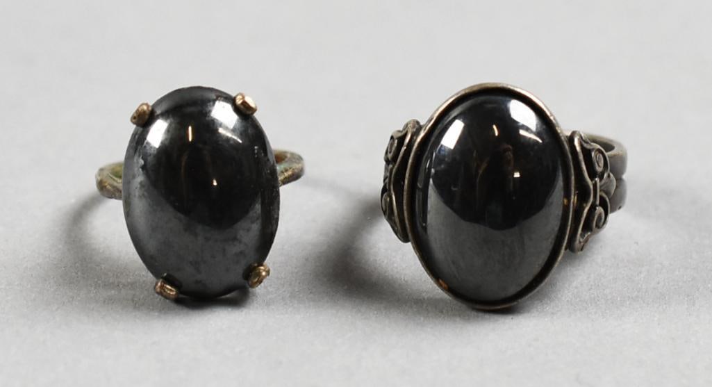 Sterling, Marcasite and Hematite Jewelry: Pretty lot of vintage sterling. Lot includes a pair of marcasite square hoop style pierced earrings and two hematite rings, one with marcasite accents. Each is marked.?