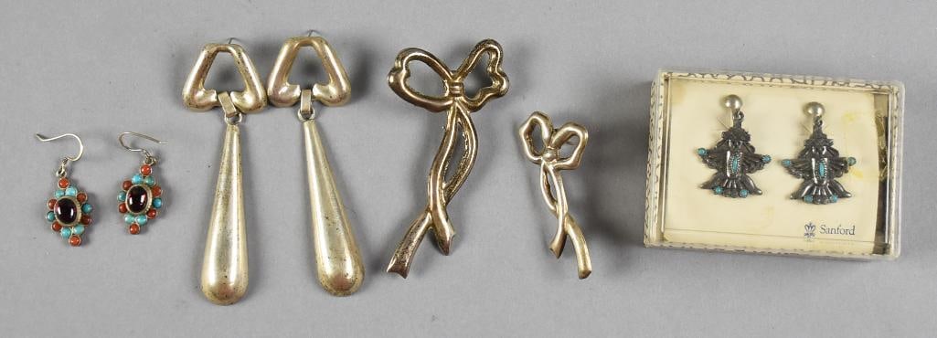 Vintage 800 and 925 Silver Jewelry Assortment: This cool lot is mostly sterling, with one set of 800 silver earrings. Those wing dancer earrings are in their original box from Sanford. The rest are sterling, turquoise, coral and a dark center ston