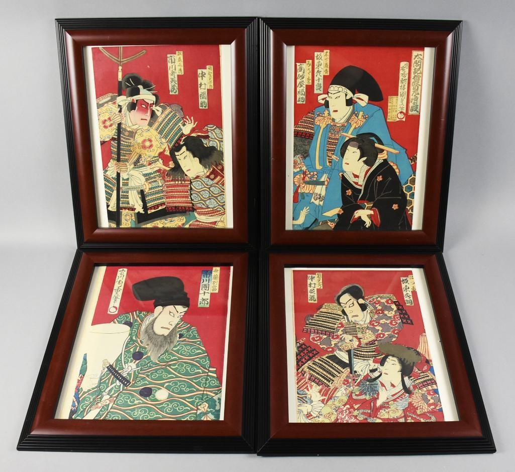Toyohara Kunichika Kabuki Play Actor Woodblock Prints: All of these prints are from Japanese woodblock artist?Toyohara Kunichika. They are all portrayals of actors in historical Kabuki plays. They are all nicely framed, each measures 17" x 14", visible im