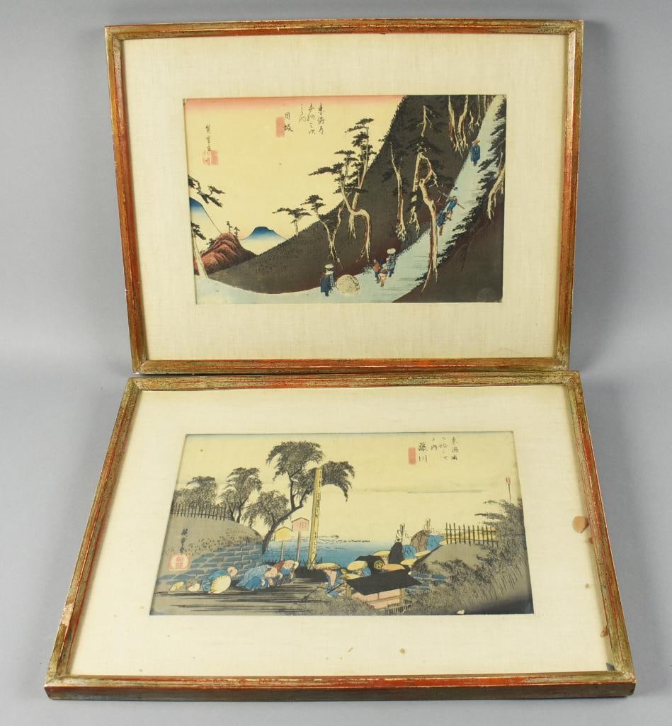 Utagawa Hiroshigi Tokeido Series Woodblock Prints.: The top print is from the series 53 Stations of Tokeido, Sayononaka?Mountain near Nissaka. The title is calligraphy across the top with Hiroshigi's signature along the top left side. The bottom is cal