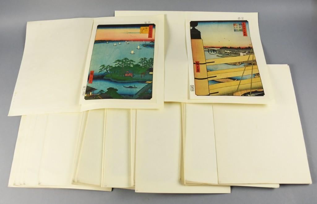 Utagawa Hiroshige 100 Famous Views of Edo Woodblock Prints.: This is a wonderful set of Utagawa Hiroshige?from his series One Hundred Famous Views of Edo originally published in 1858-59. There are 120 images, 119 with sleeves, one without. Along with the table 