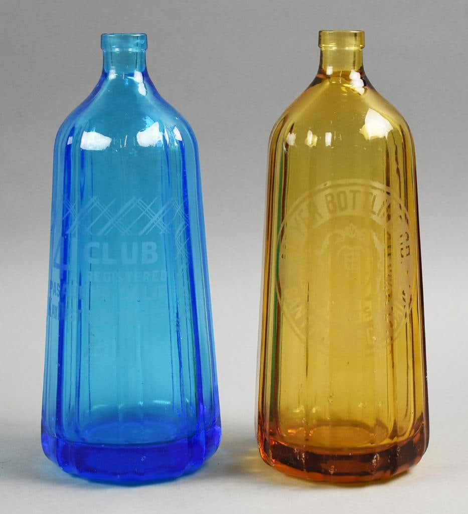 Antique Czechoslovakia Etched Glass Seltzer Bottles: These are gorgeous seltzer bottles, both made in Czechoslovakia. The amber bottle is acid etched with Meyer Bottling Co. San Francisco, CA. The blue bottle is also acid etched for 41 Club in Pasadena,