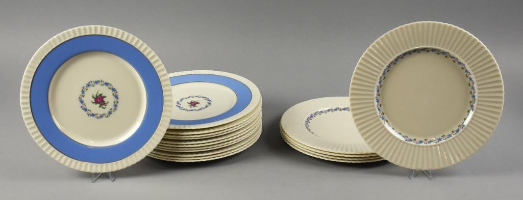 Pair Vintage Lenox Porcelain Dinner Plates, Priscilla: Beautiful vintage porcelain dinner plates from Lenox. The delicate ivory porcelain is adorned with blue flowers with green leaves. Both sets have ribbed rims. One set with the single blue floral band 