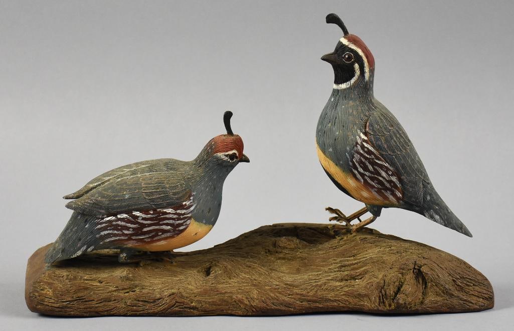 Roy Shehorn (1893-1962) Gambels Quail Carved Sculpture: This wonderful piece is from American artist Roy Shehorn (1893-1962). It is called Gambel's Quail (male and female). Birds are hand carved, hand painted and mounted to a worn tree branch. It is