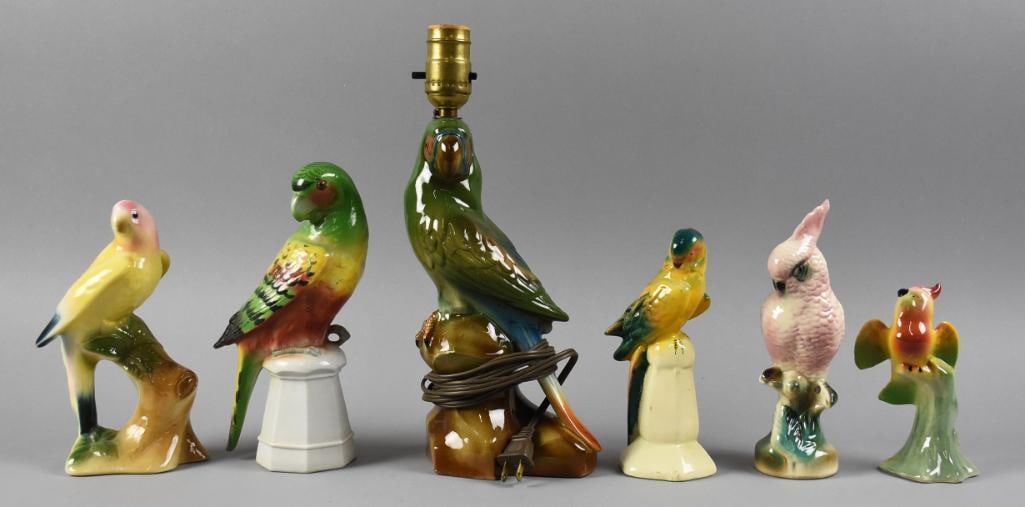 Vintage Porcelain & Ceramic Bird Figures, Lamp: These pretty birds include Royal Copley among them. The lamp appears to have the original cord from the 1970s. One bird is marked, unidentified. Measure from 5" to 13" tall.