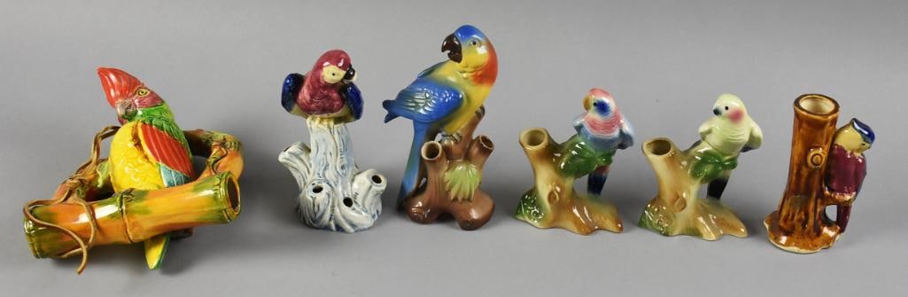 Vintage Ceramic Bird Figures, Royal Copley PLUS: Includes a hanging parrot, two Royal Copley, Japan and German figurines. All are planters. Four are marked and measure from 5" to 8" tall.?