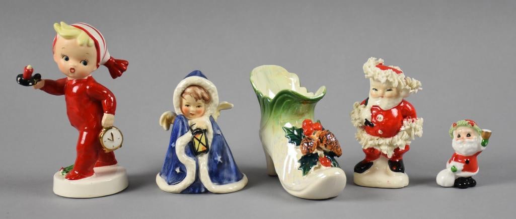 Vintage Japanese & German Porcelain Christmas Figurines: These are adorable vintage Christmas decorations in porcelain. Includes a Goebel Angel with lantern figurine, Wolin Japan boot with holly, Napco boy with clock and candle, Napco Santa salt shaker and 