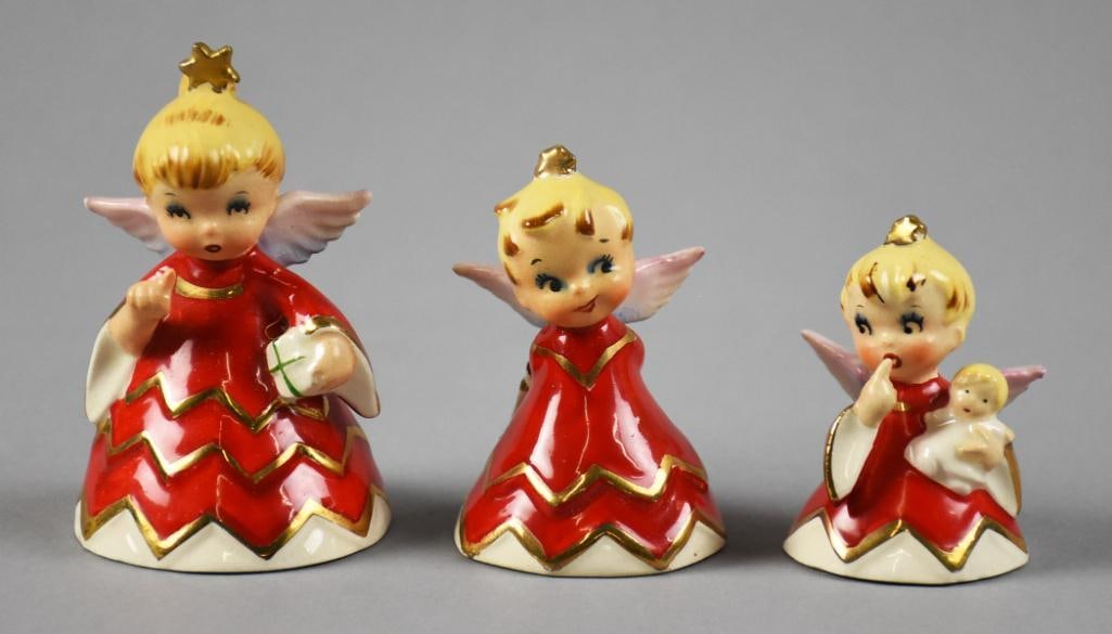 1956 Lefton Angel Bell Figurines, Set of 3: Darling set of three Lefton Angel Bell figurines. Graduating in height from a baby to big sister. Each retains it's original label and is stamped inside with the date of? 1956. Each is approx. 2.5" -