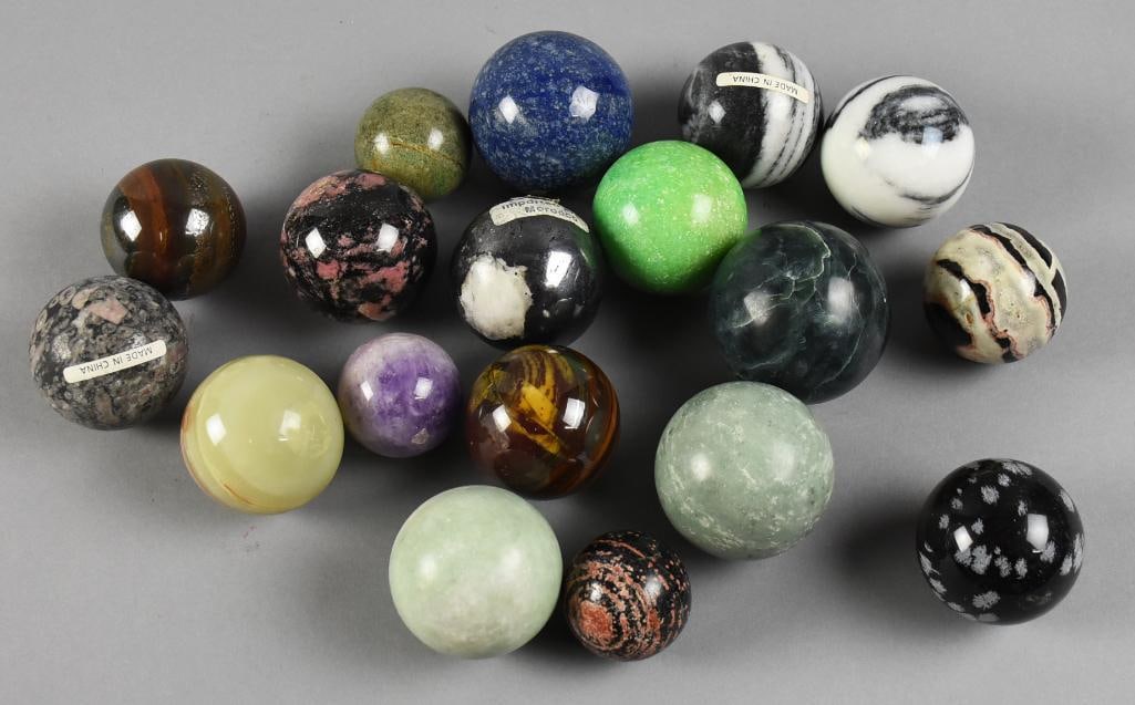 (18) Assorted Polished Mineral Spheres: Lot includes what appears to be lapis lazuli, rhodonite, leopard jasper, zebra jasper, jade and others. Each is approx. 1.5" to 2.5" tall.?