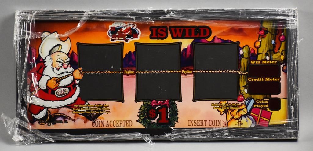 Vintage Mirage Resorts $1 Slot Machine Belly Glass: Cute belly glass for a $1 one dollar slot machine. It is Santa Claus roping the pay line. It is for Mirage Resorts and has been nicely framed for hanging. Measures approx. 10" x 21".