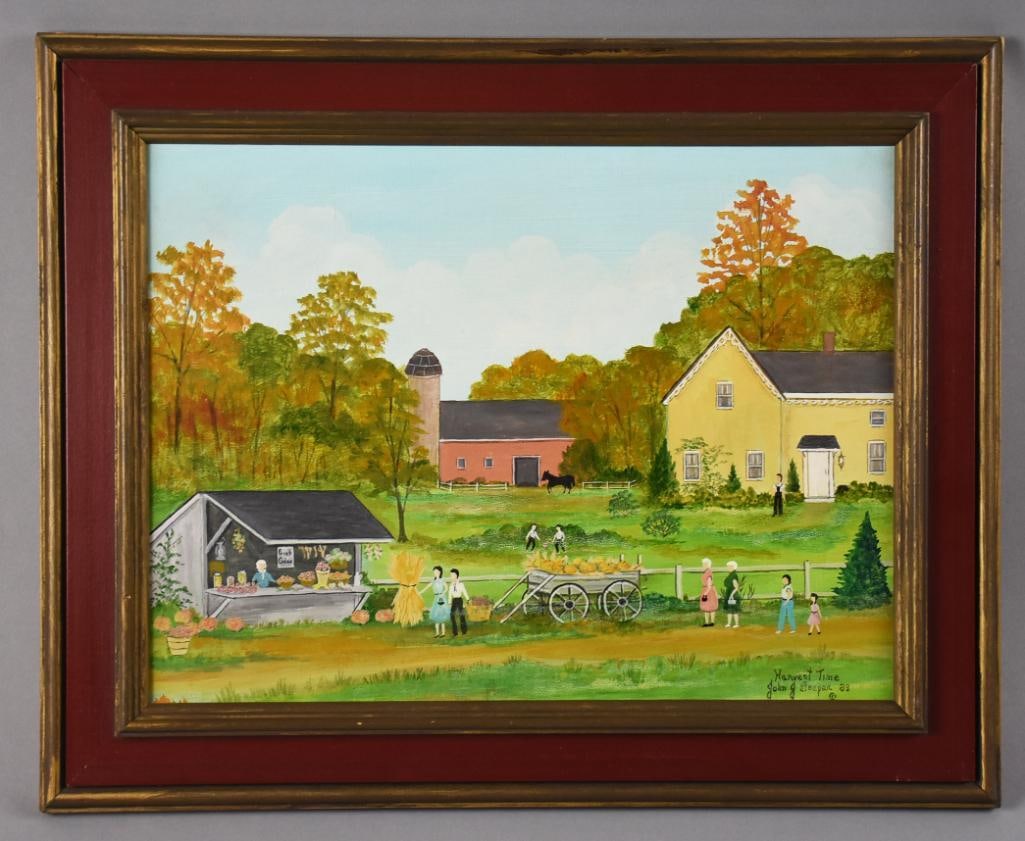 John J Loeper (20th/21st) Harvest Time Acrylic Painting: This darling painting is from Pennsylvania artist John J. Loeper. It is an acrylic painting called Harvest Time. Farm landscape with a farmer's market stand and people walking. Signed in the lower rig