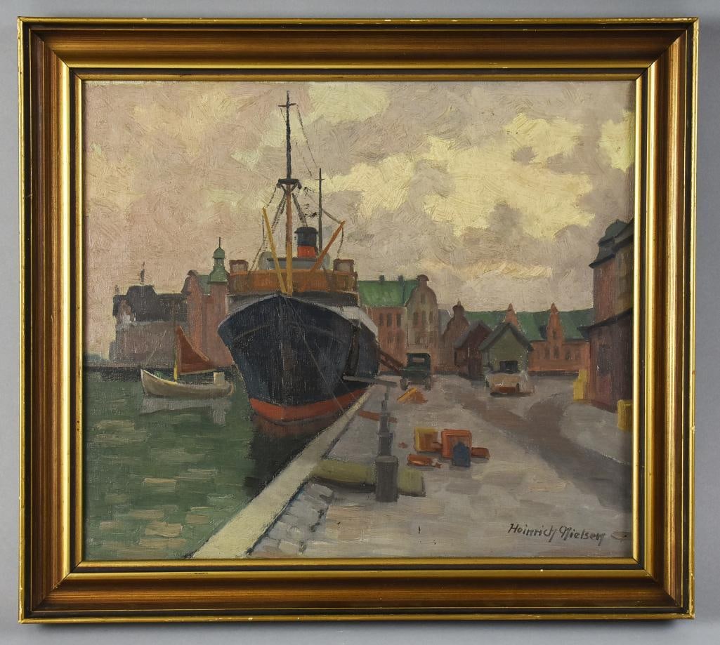 Heinrich Nielsen (b1929) Ship in Harbor Oil on Canvas: Wonderful painting from Danish artist Heinrich Nielsen (b1929). This oil on canvas painting features a ship docked in a harbor. Signed on the lower right corner. Frame measures 17" x 15", visible