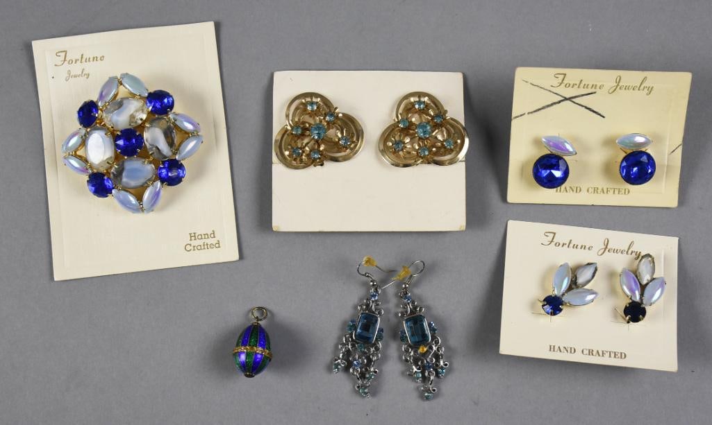 Vintage Fortune Jewelry and Other Costume: Lot is for three hand crafted Fortune Jewelry. Includes a brooch and two pair of clip on earrings. Also is another pair of clip earrings on a card, pair of hook pierced earrings and blue and green