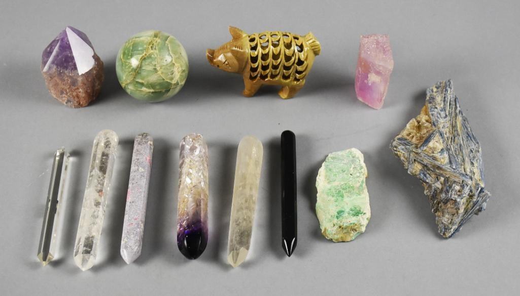 Soapstone Carved Pig, Assorted Crystals: Nice collection of various crystals and includes a pig in what appears to be hand carved soapstone.