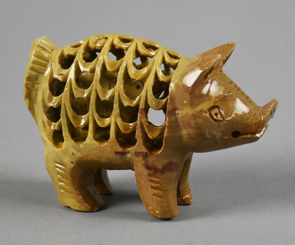 Soapstone Carved Pig, Assorted Crystals - 7