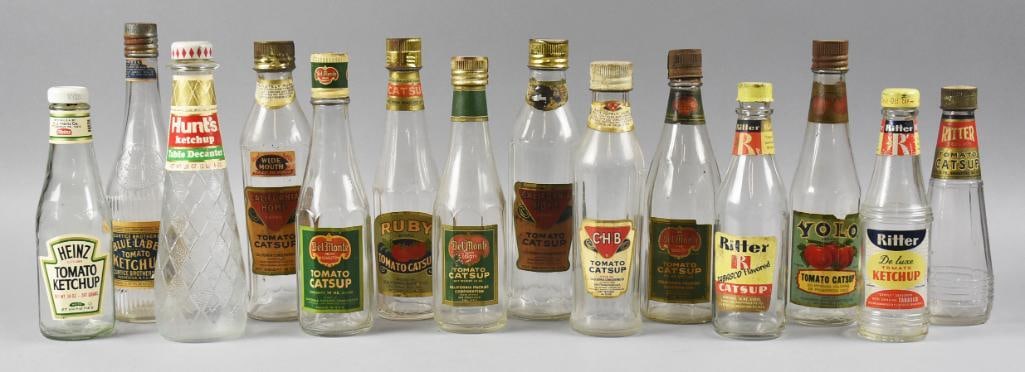 Antique & Vintage Catsup and Ketchup Bottles: Great lot for your rustic kitchen with these 14 various Catsup/Ketchup bottles. These are all empty and are from various manufacturers from Ruby, Del Monte, Heinz, Hunts, California Home, Blue Label,