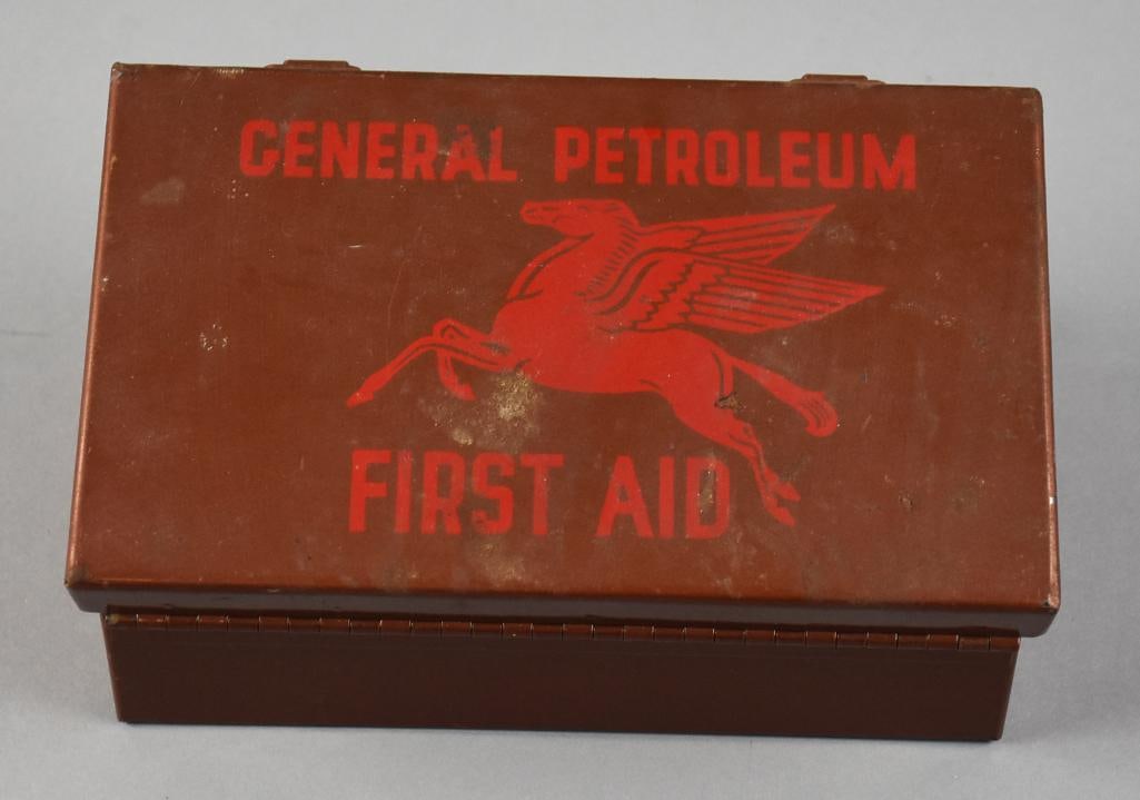 Vintage Mobil Gas, General Petroleum First Aid Kit: Very cool vintage General Petroleum aka Mobil gas First Aid Kit. Heavy metal box with an burn ointment and a merthiolate glass tubes, both in original packaging. First aid instruction sheet on the