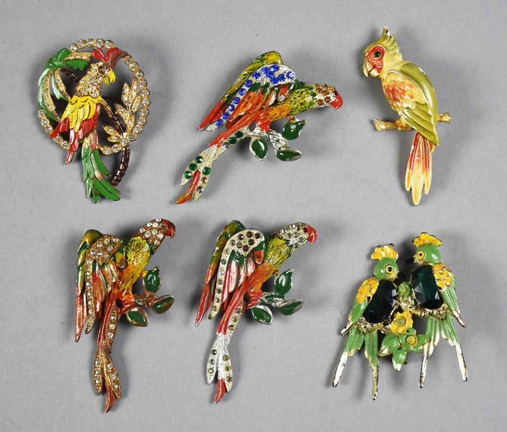 Vintage Rhinestone Parrot Brooches,: Fun assortment of vintage Parrot brooches. There are three Jose Rodriquez all the same style, varying details. One JJ and two unmarked.?