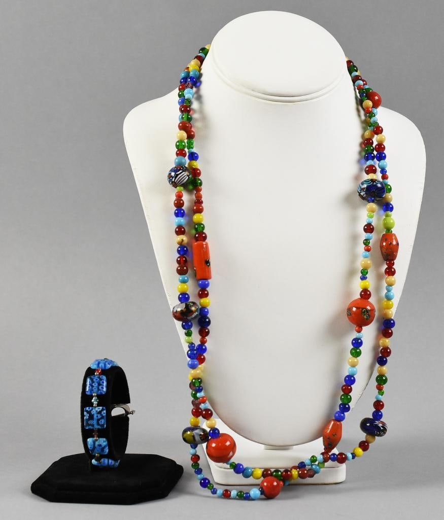Vintage Murano Bead Necklace and Bracelet: Wonderful vintage Murano art glass jewelry. The necklace is multi strand, multi color with smaller beads with larger accents. The bracelet is millefiori?blue bead with small glass accent beads.