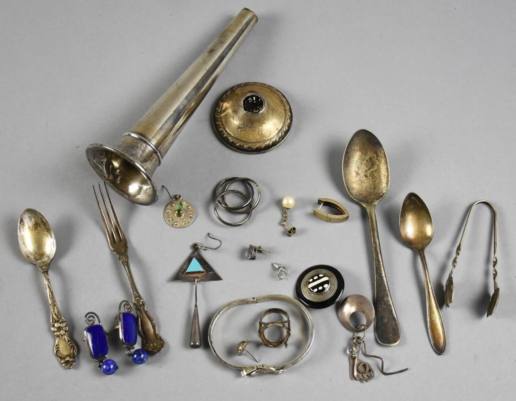Misc Vintage & Sterling Silver and Silver Plate: Fun bit of a junk lot with lots of sterling silver with a few pieces of silver plate flatware. Includes single earrings, a pair of earrings, broken vase with engraving and weighted base and more.