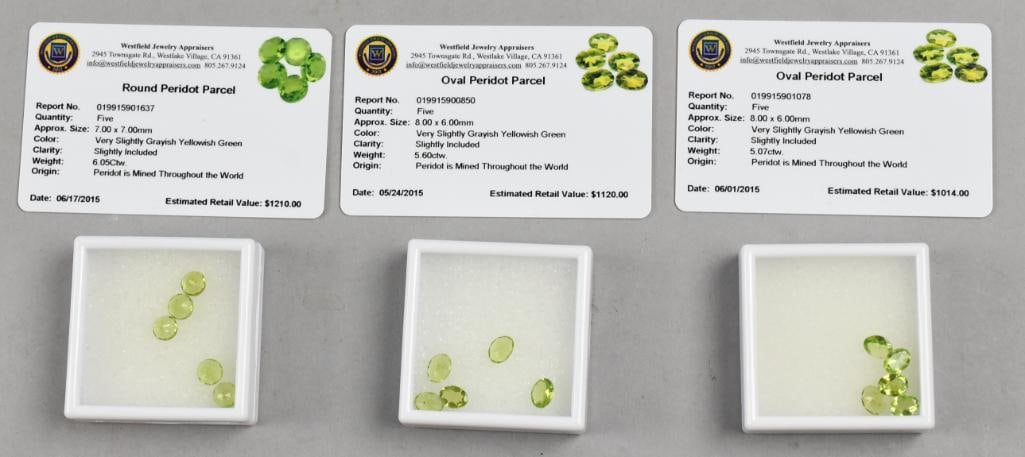 Loose Parcel Oval Peridot w/ Appraisal, 16.72cttw: 15 Loose oval cut Peridot gems w/ Appraisal, 16.72cttw