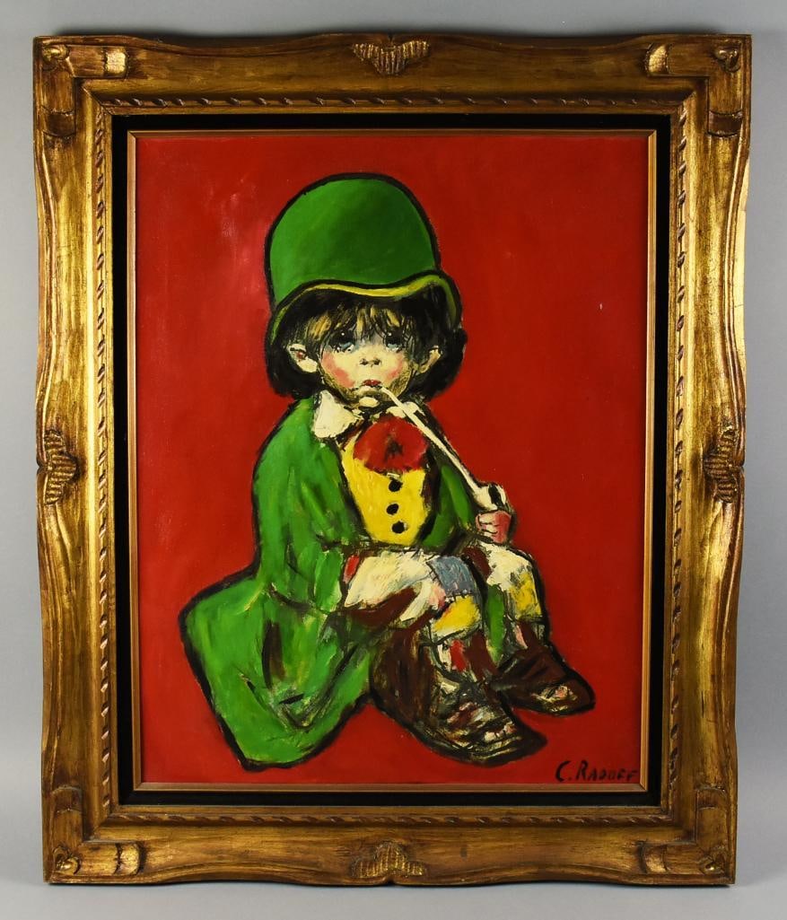 Xavier Basil "Charles" Radoff (1894-1986) Pixie Oil on Canvas: This adorable painting is from Russian born American artist Xavier Basil Radoff, AKA Charles Radoff (1894-1986). It is called Pixie as noted on back by the artist, featuring a little lad in green with