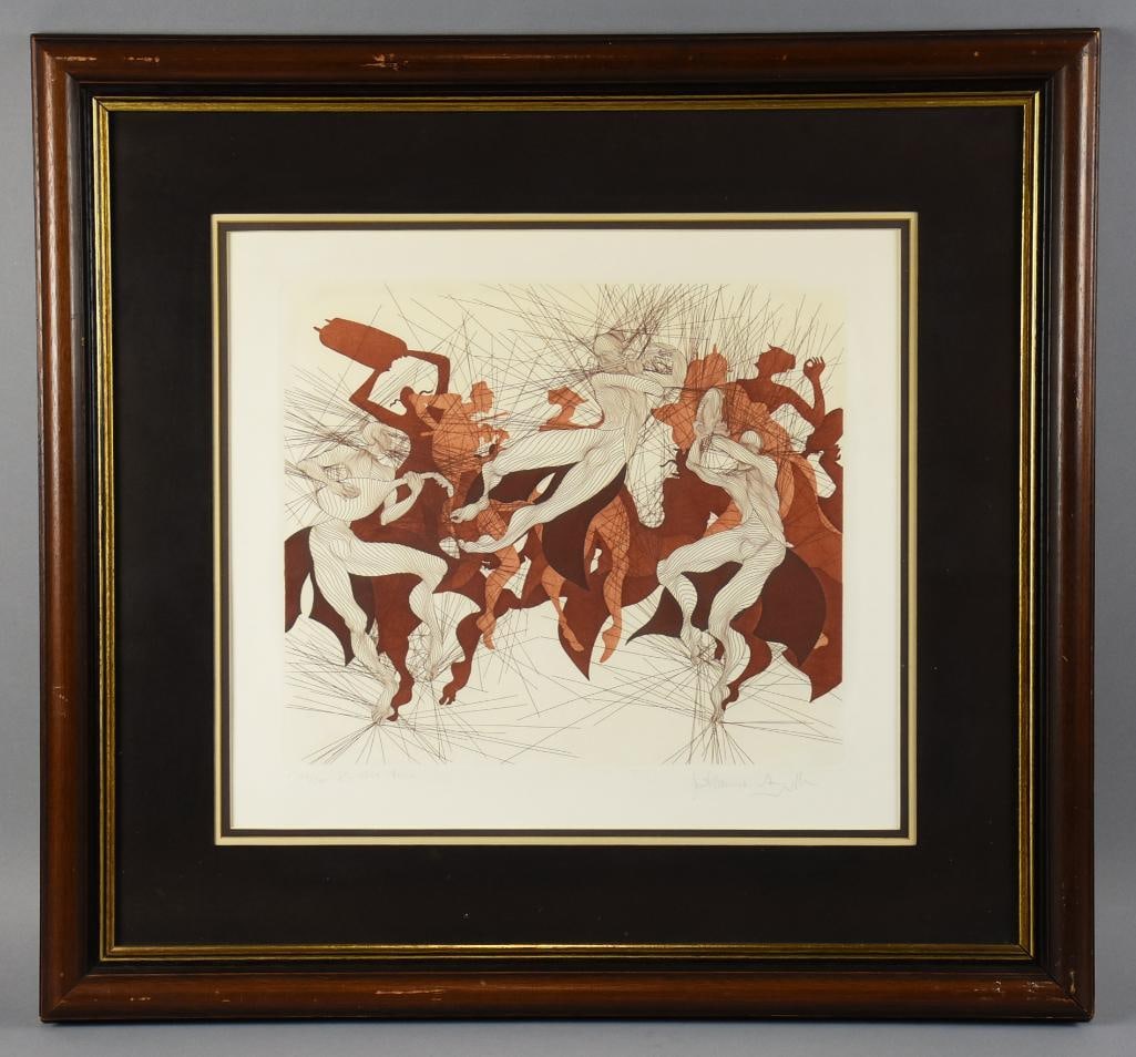 Guillaume Azoulay (b1949) "Simkhat Thora" Signed LE Etching: This is a really cool piece from self taught Moroccan artist Guillame Azoulay (b1949). It is called "Simkhat Thora". Figures appear to be dancing with some playing musical instruments and clean lines 