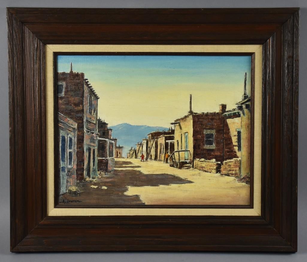 Albert Stetter (1907-2008) Disney Artist Oil on Canvas: Great original painting from California and Disney artist Albert Stetter (1907-2008). Rustic street scene similar to old west and is called Street in Acoma (New Mexico). Signed Al Stetter in lower lef