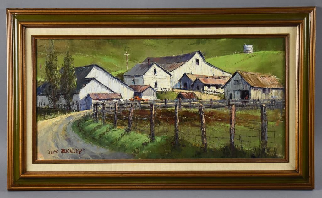 Jack Buckley (1915-1995) Disney Artist Oil on Canvas: Terrific vintage oil painting from California artist Jack Howard Buckley (1915-1995). Wonderful canvas with a farm landscape with white buildings and fence surrounding a pasture. It is signed in the l