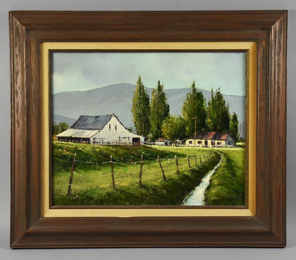 Jack Buckley (1915-1995) Disney Artist Oil on Canvas: Lovely painting from Disney artist Jack Buckley (1915-1995). Oil on canvas is titled Longell Valley. Landscape farm setting surrounded by greenery. It is artist signed in the lower left, with the arti