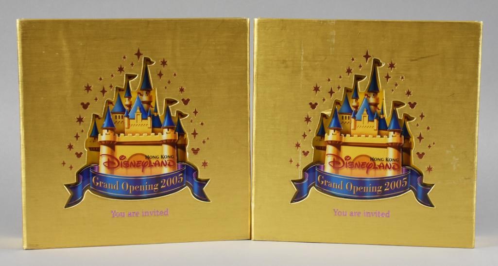 2005 Disneyland Hong Kong Grand Opening Tri-Fold Gift Box: This is a pair of wonderful Grand Opening gift boxes for the 2005 Grand Opening at Disneyland in Hong Kong. Includes the invitation brochures and a commemorative trade pin. These gift boxes were given