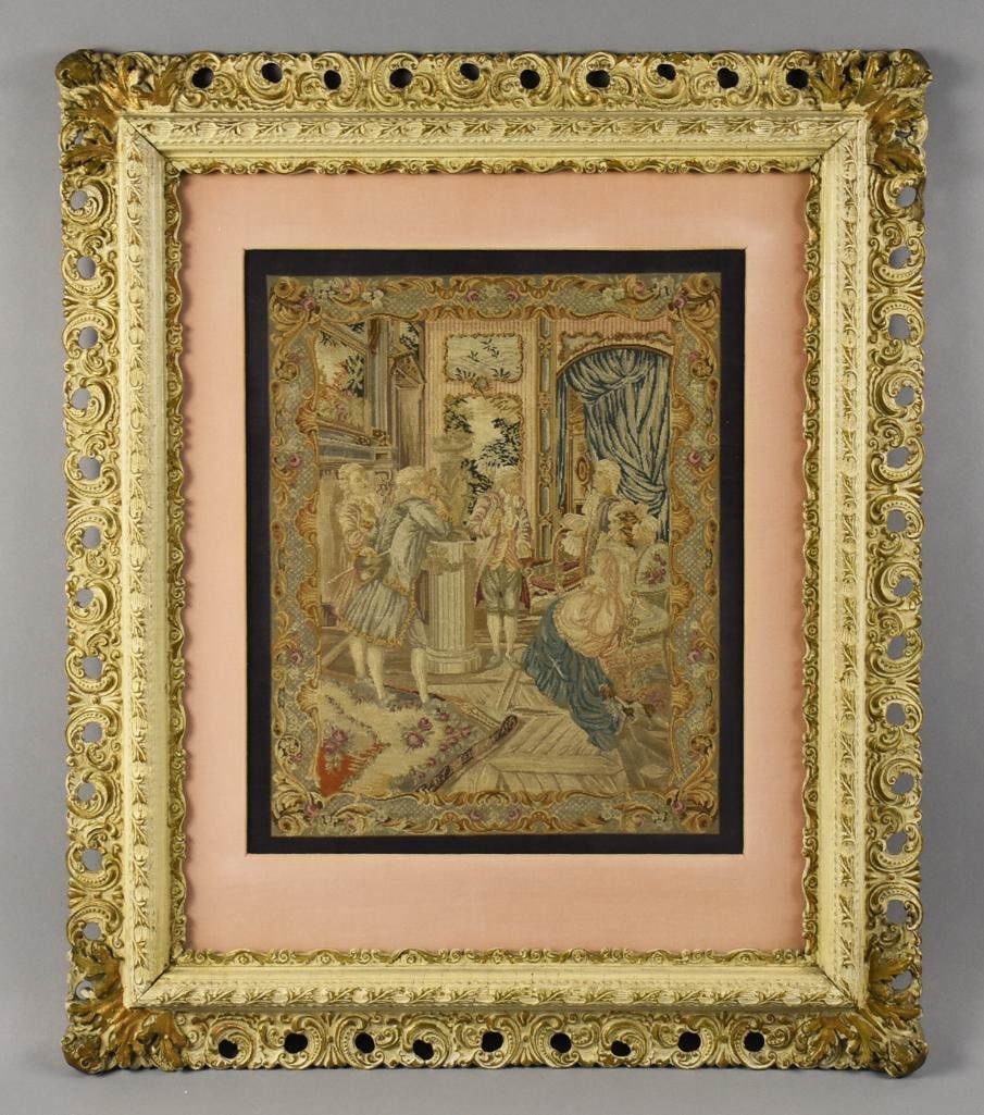 Antique European Colonial Parlor Scene Tapestry: Beautiful antique tapestry that is possibly French or Austrian. Colonial parlor scene with one lady sitting while the men are speaking. Beautifully framed in vintage?off white with gold accent frame