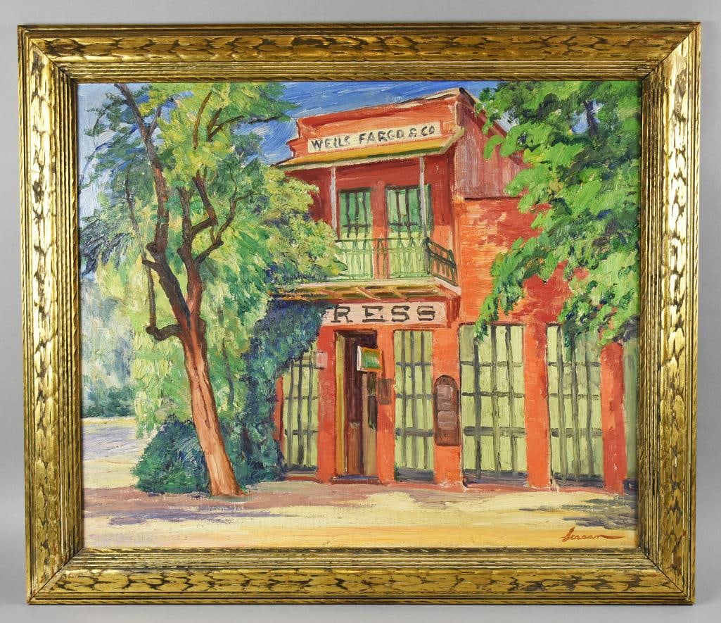 Charles Lesaar (1884-1941) Wells Fargo & Co Oil on Canvas: Wonderful old oil on canvas painting from Belgian American artist Charles Lesaar (1884-1941). It is Wells Fargo & Co building surrounded by beautiful trees. It is signed on the lower right corner and