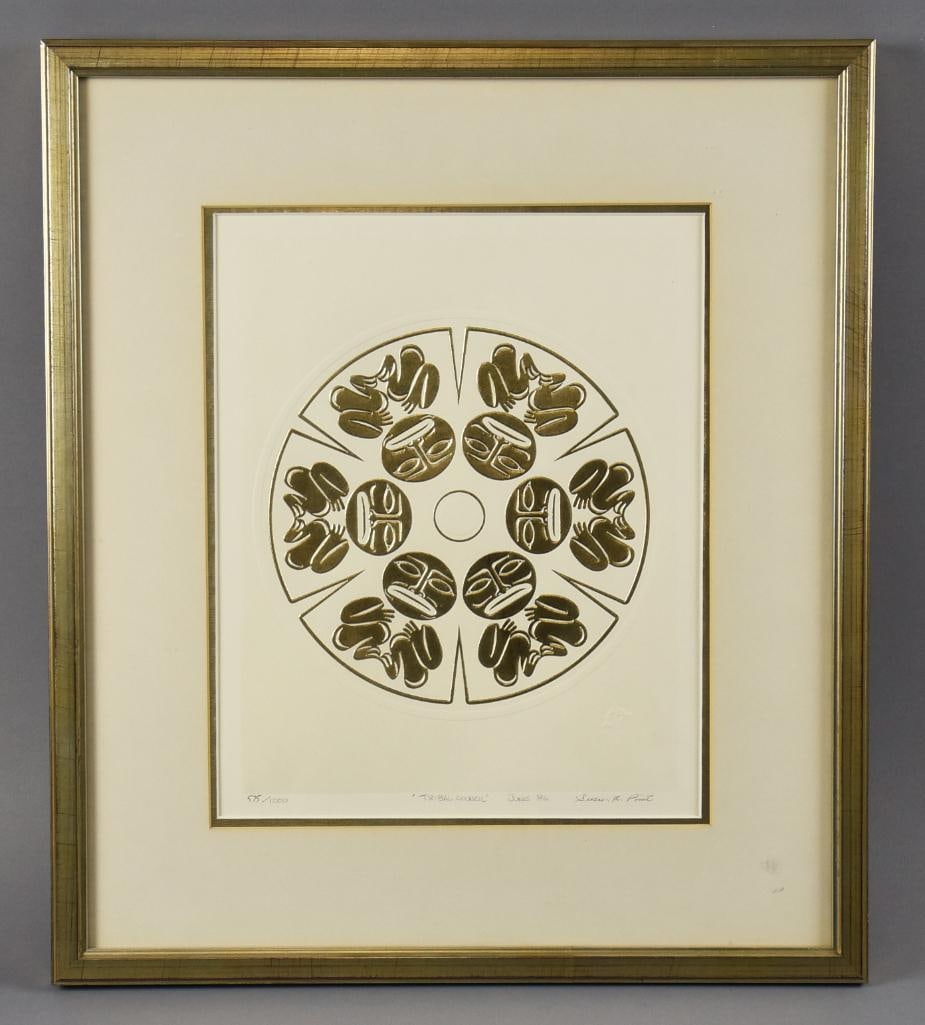 Susan A Point (b1942) Tribal Council Gravure Signed Ltd Ed: Very nice work from Canadian Musqueam Indian Reserve artist Susan A. Point (b. 1942). It is called Tribal Council, gravure embossings from Western Pacific Engravers. Includes a COA and is signed and