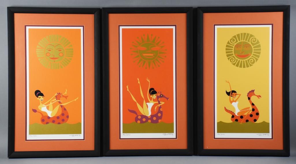 Josh Agle Shag (1962) Signed Mid Century Style Serigraphs LE: These adorable serigraphs were created by Southern California artist Josh Agle (b1962), better known as Shag. His pieces are in the clean mid century modern style. They are called Three Suns and all