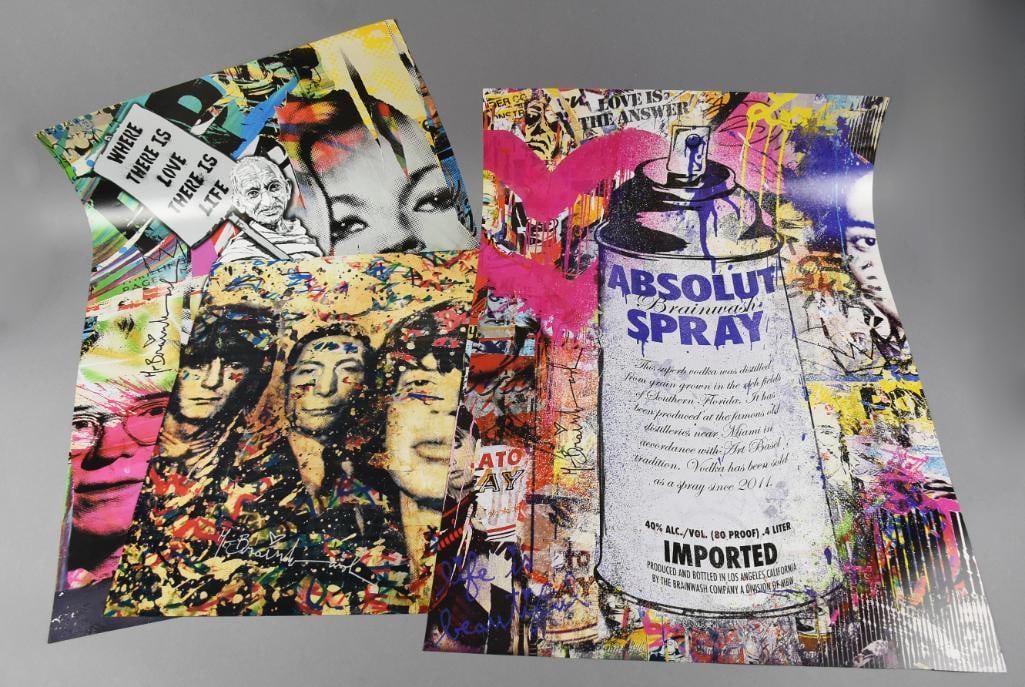 Mr. Brainwash Contemporary Offset Lithographs: These are very cool offset lithographs from artist Mr. Brainwash, aka Thierry Guetta. These posters include Ghandi Where There is Love There is Life, Absolut Brainwash Spray and Rolling Stones. Each