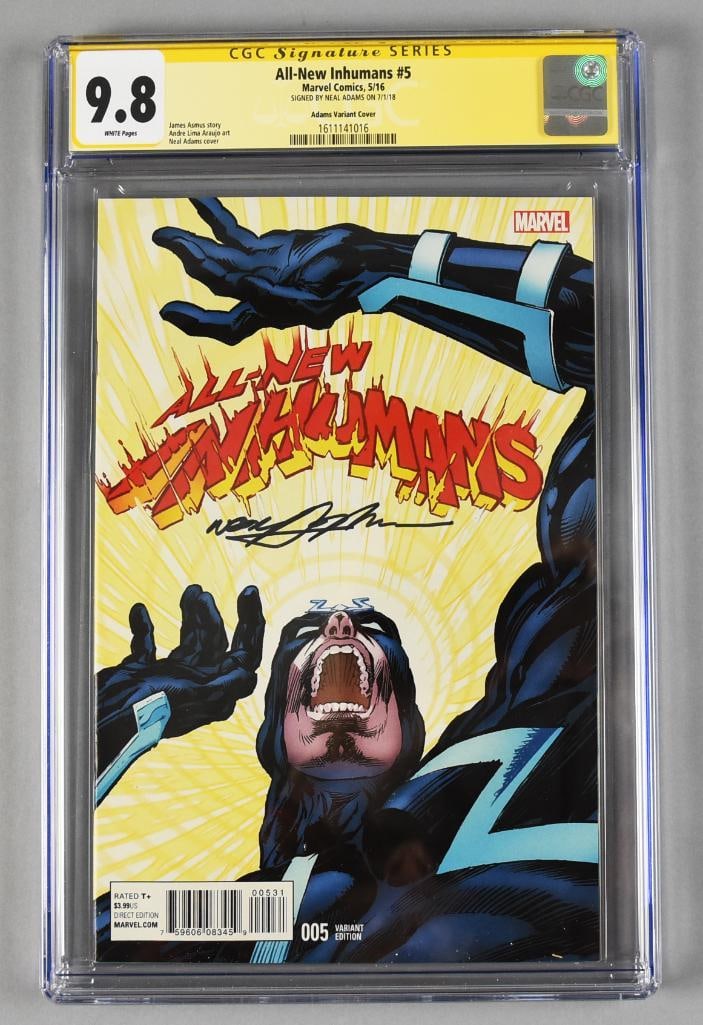 Neal Adams Signed All-New Inhumans #5 Variant Cover, CGC 9.8: Cool #5 All-New Inhumans comic book from Marvel, 5/16. It is a variant cover and signed by Neal Adams. This is part of the CGC Signature Series and graded 9.8.