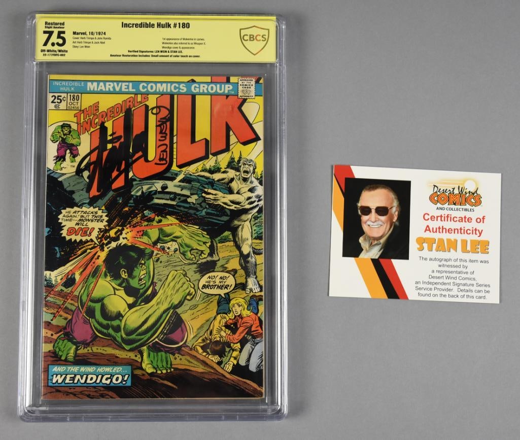 Stan Lee, Len Wein Signed Incredible Hulk #180 CBCS 7.5, COA: Awesome comic book of The Incredible Hulk #180 from October, 1974. It was signed by Stan Lee and Len Wein and comes with a COA from Desert Winds Comics & Collectibles. It was signed by Mr. Lee in