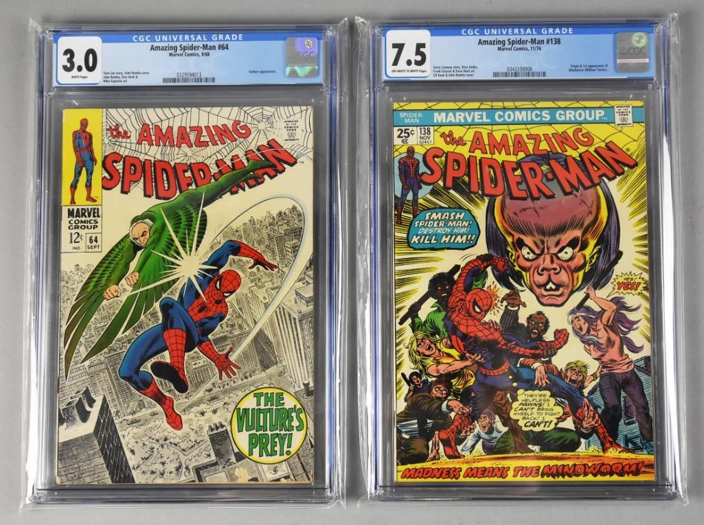 Amazing Spider-Man #64, 1968 and #138, 1974 - Graded: Lot is for a pair of graded Amazing Spider-Man comic books. Book one is a #64 from September 1968 - graded 3.0.The other is a #138 from November 1974 - graded 7.5.