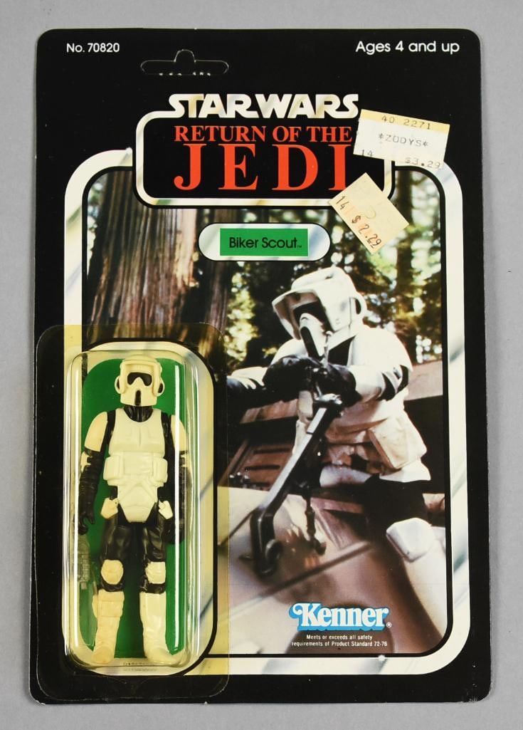 1983 Kenner Star Wars Biker Scout 65A Back Unpunched MOC NOS: Lot is a Star Wars Biker Scout action figure from Kenner in 1983. Card is unpunched. Come in protective plastic case.