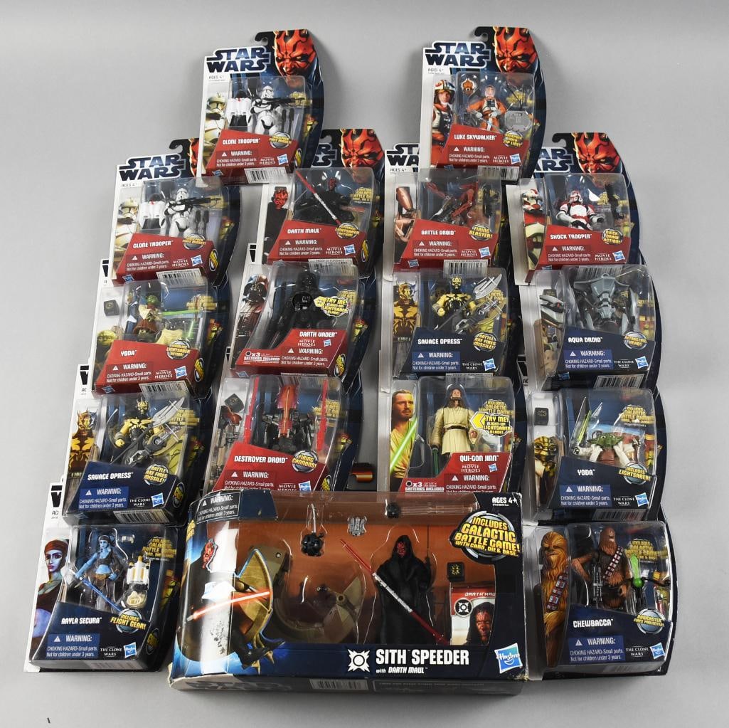 Star Wars Clone Wars, Phantom Menace MIP: Lot is for 14 action figures with duplicates. Please read. Includes Sith Speeder play set, Aqua Droid, Chewbacca, Yoda x 2 - variant, Savage Opress x 2, Aayla Secura, Clone Trooper x 2, Destroyer