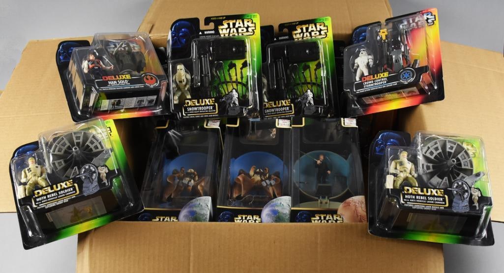 (13) Star Wars Action Figures - MIP NOS: Lot is 13 unchecked 2000s Kenner Star Wars action figures, including Deluxe packs.