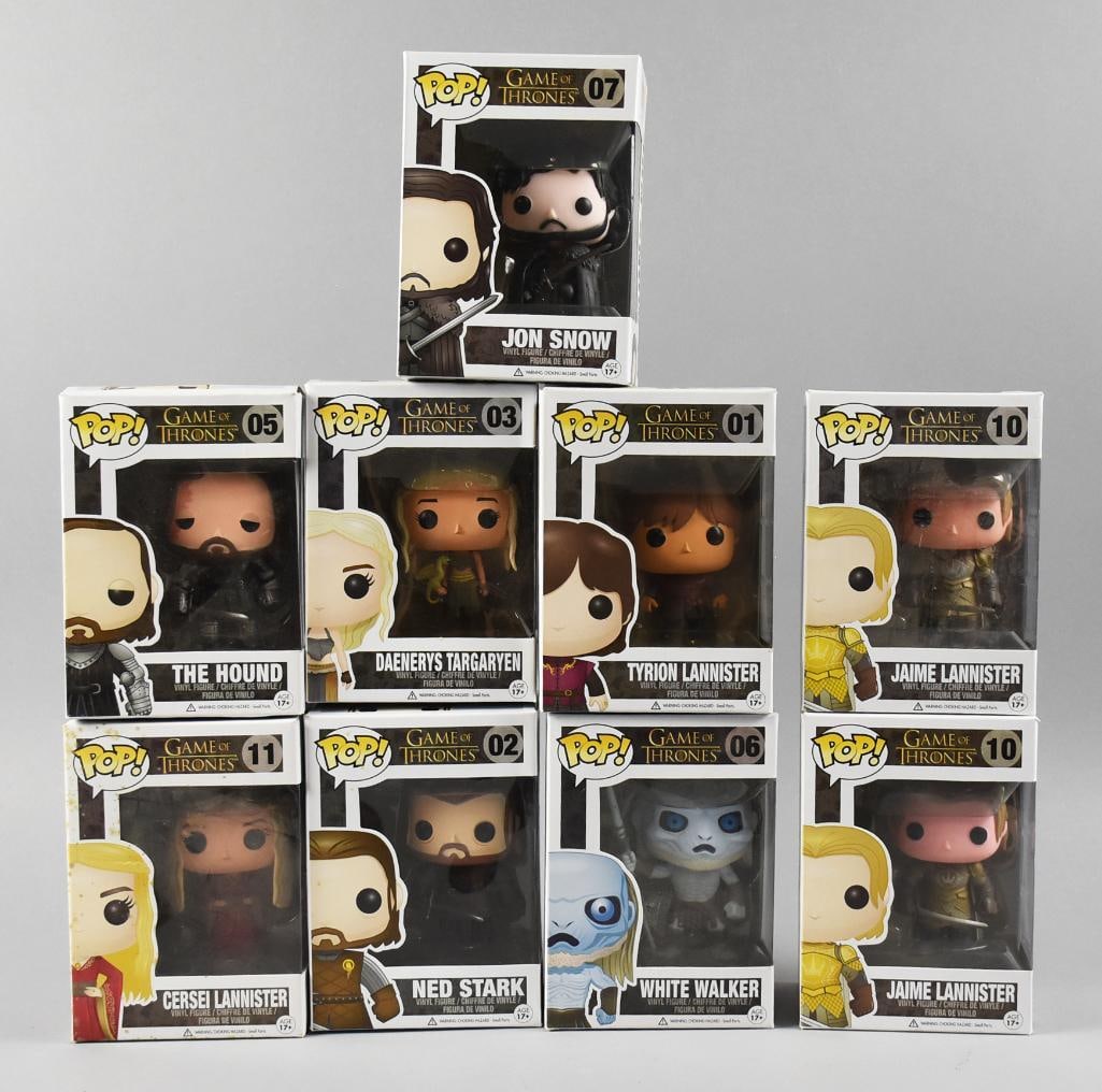 Funko Pop Game of Thrones Figurines MIB 2000s: Lot is for nine Game of Thrones figures from Funko Pop. Pieces include John Snow, The Hound, Daenerys?Targaryen, Tyrion Lannister, Cersei Lannister, Ned Stark, White Walker and two Jamie Lannister.?