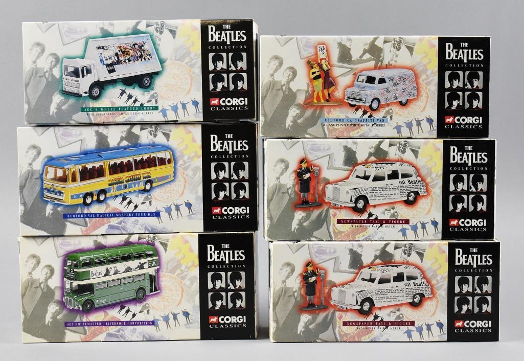 (6) Corgi Classics Beatles Diecast MIB NOS: Includes AEC Routemaster, Bedford Val Mystery Tour Bus, AEC Flatbed Lorry, Bedford CA?Graffiti Van and two Newspaper Taxi with Figure.?Single owner collection from the largest toy collector on the