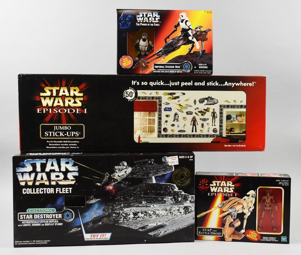 (4) 1995-96, 98 Kenner, Priss Prints Star Wars Asst.-MIB-NOS: Lot is four 1995-96, 98 Kenner, Priss Prints Star Wars Asst.-MIB-NOS. Kenner include Stap and Battle Droid, Imperial Speeder Bike and Electronic Star Destroyer. Priss Prints Jumbo Stick-Ups. Single