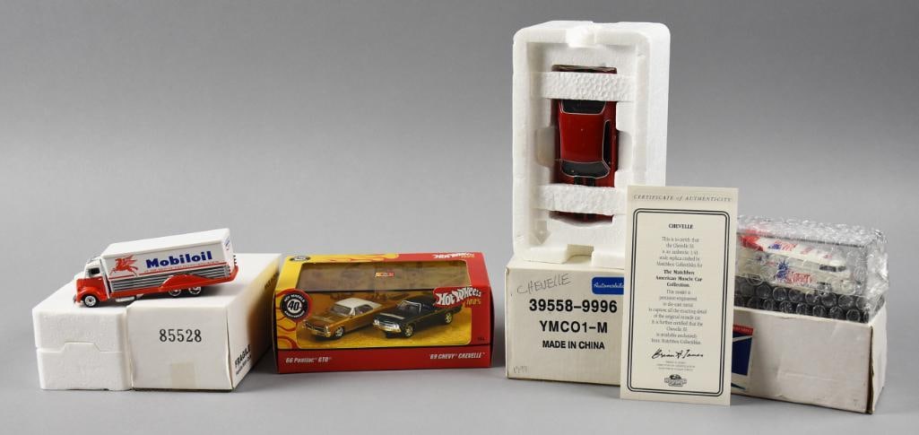 Hot Wheels, Matchbox Assorted Die Cast Exclusives NOS: Fun lot of assorted die cast exclusives. Includes a Matchbox Chevelle with COA, Hot Wheels Ford Coe Mobil, Liberty Drag Bus and a double pack of 100% with a '66 Pontiac GTO?and a '69 Chevy Chevelle. S