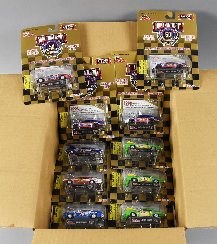 (20) 1998 Racing Champions NASCAR 50th Anniv. MOC NOS: Lot is for 20 Racing Champions NASCAR 50th Anniversary die-cast cars from 1998. Unchecked. Single owner collection from the largest toy collector on the West Coast.